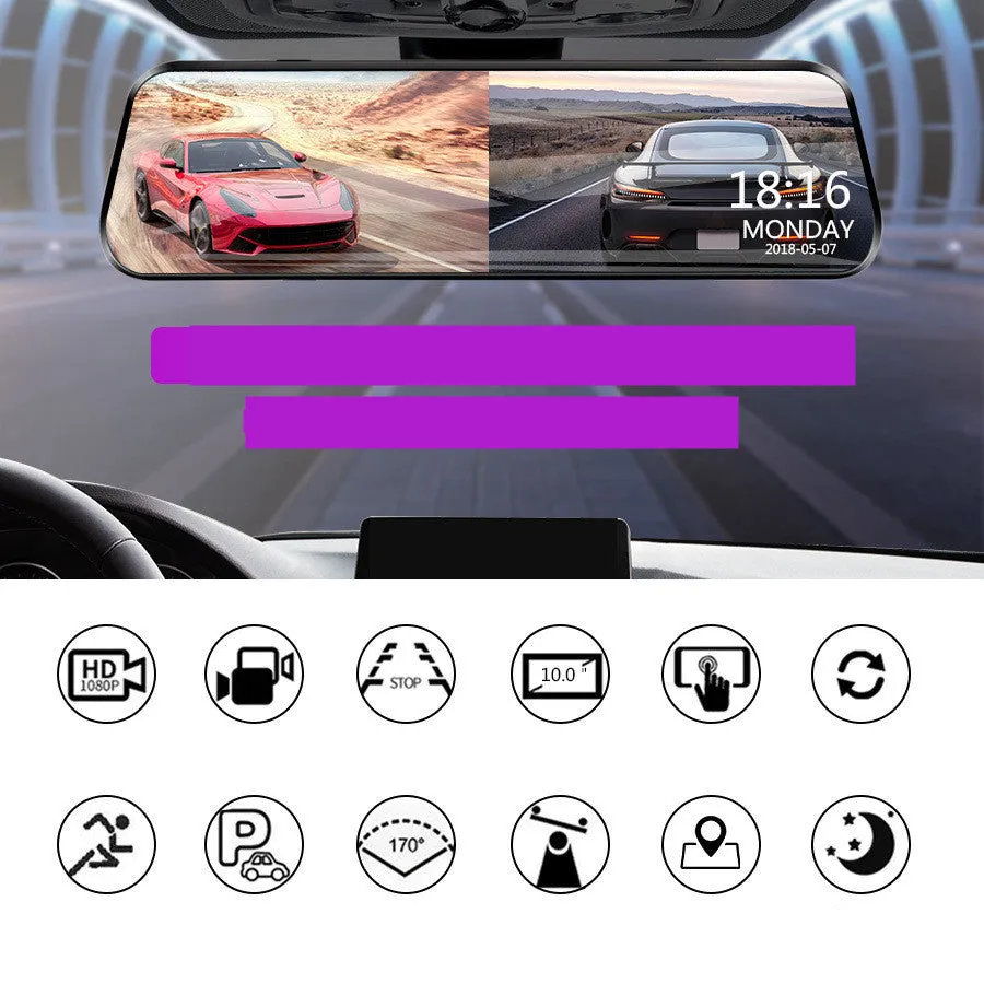 10-inch black rearview mirror driving recorder with 170-degree wide-angle lens and 12MP camera installed over car mirror