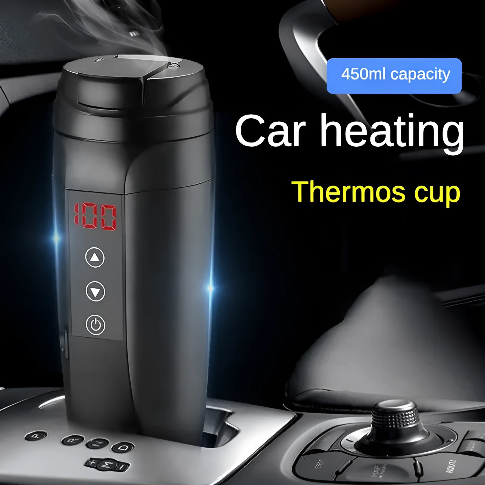 Insulated electric cup water heater for automobiles, 304 stainless steel inner, black, 210x72mm, with converter box