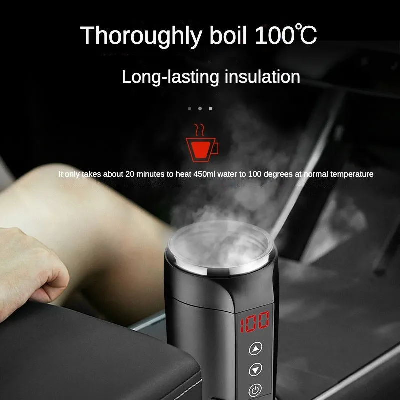 Insulated electric cup water heater for automobiles, 304 stainless steel inner, black, 210x72mm, with converter box