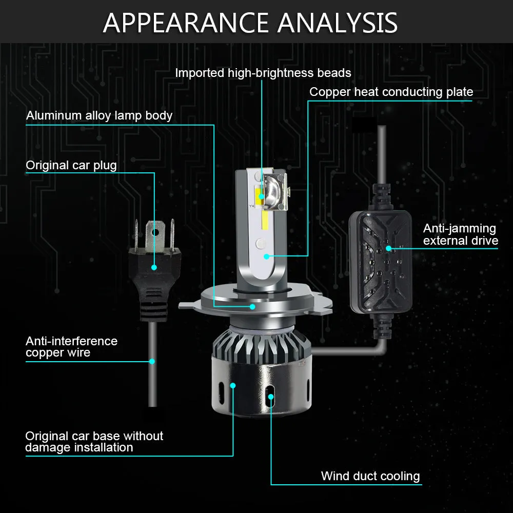 Single car LED headlight bulb with aluminium housing and three-colour 3000K 4300K 6000K output for far and near light