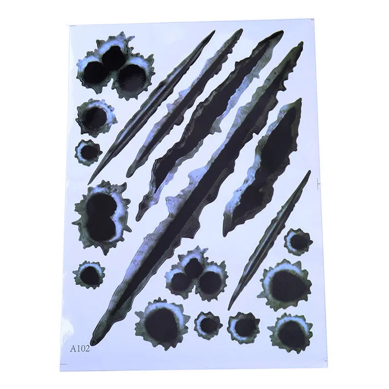 Car scratch simulation bullet hole crack vinyl sticker 21x30cm with four hole pattern styles on a car bumper
