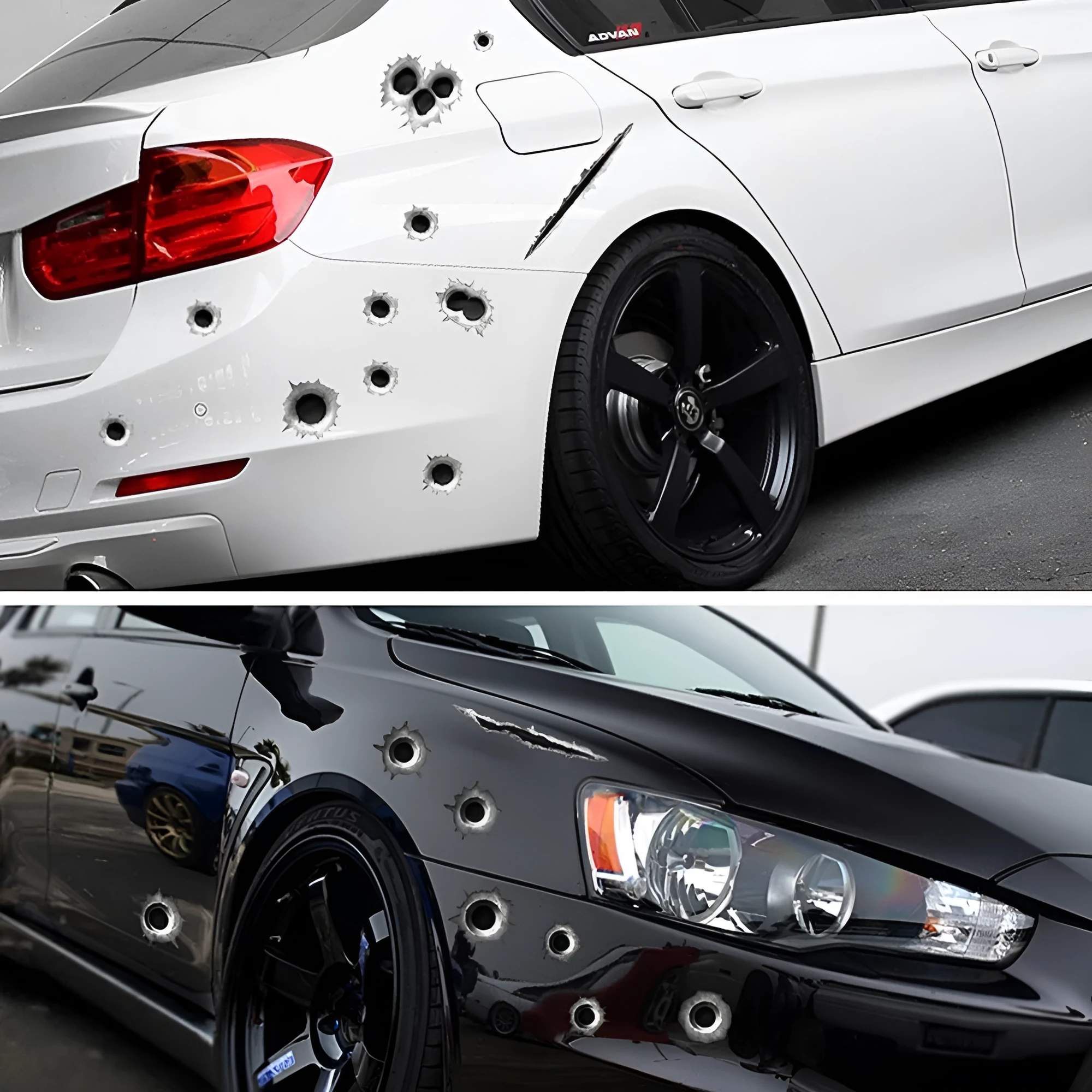 Car scratch simulation bullet hole crack vinyl sticker 21x30cm with four hole pattern styles on a car bumper