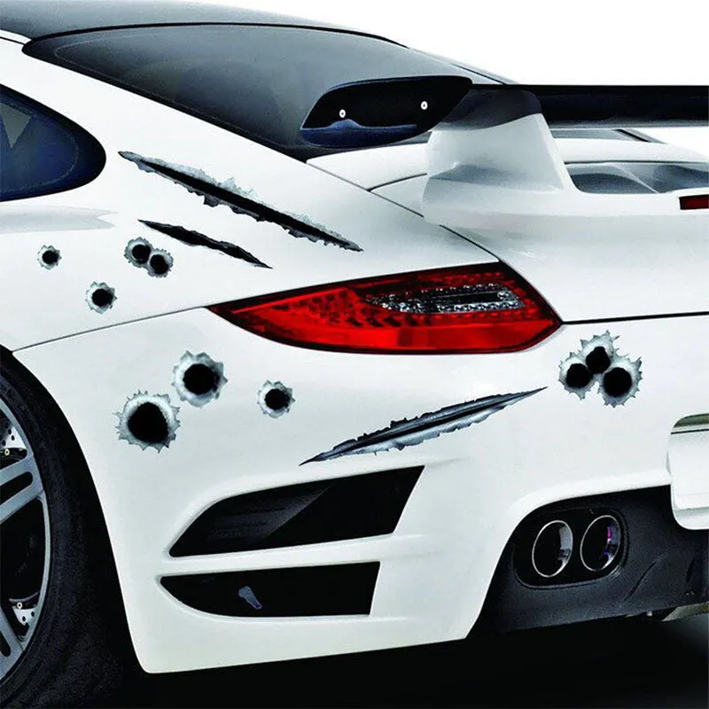 Car scratch simulation bullet hole crack vinyl sticker 21x30cm with four hole pattern styles on a car bumper