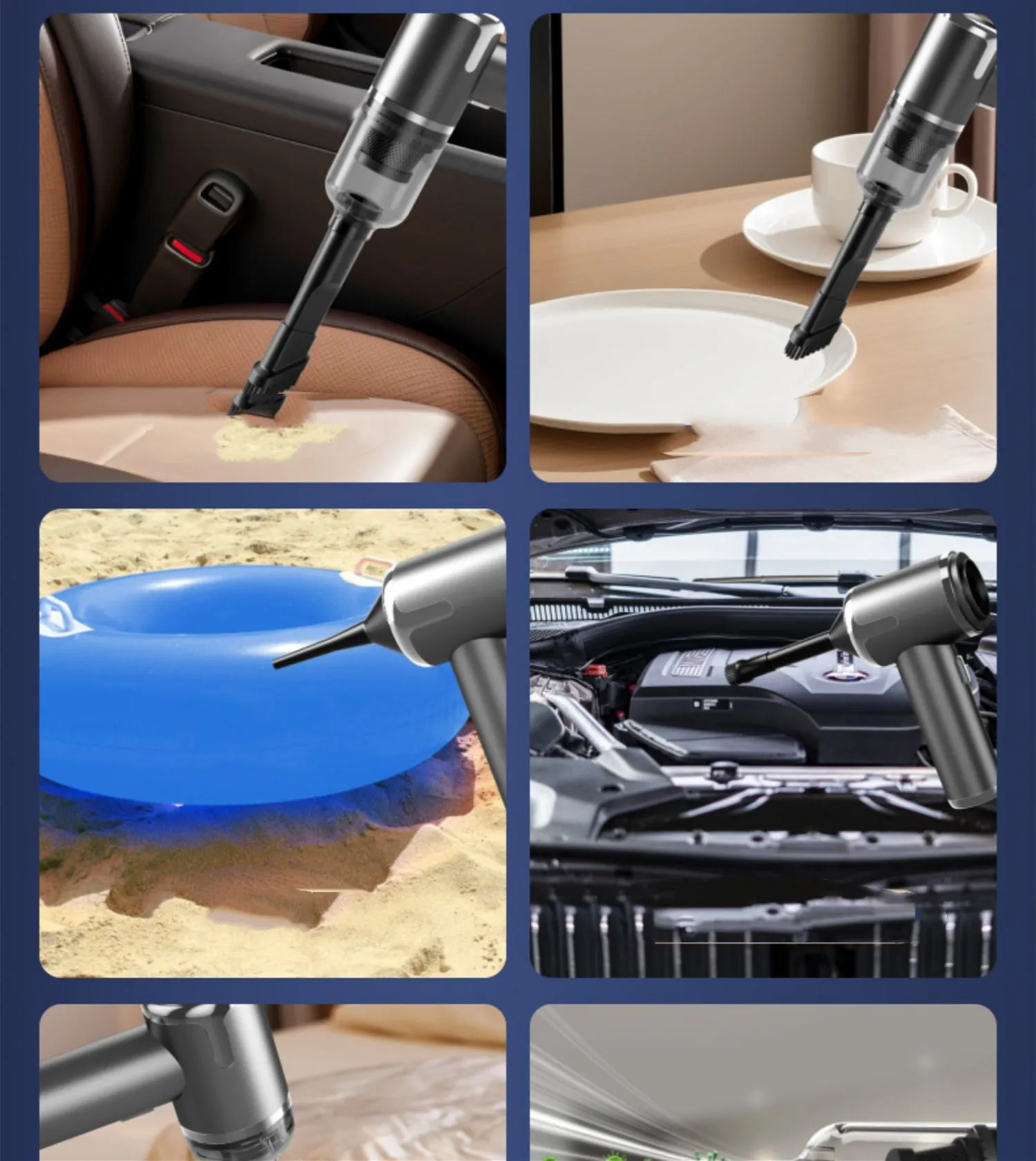 Wireless charging handheld vacuum cleaner with brush attachments on car seat