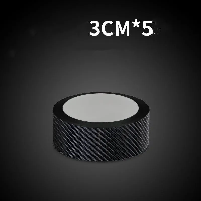 Set of car door anti-collision strips in carbon fiber black pattern on a gray surface, showing 30mm 50mm 70mm widths