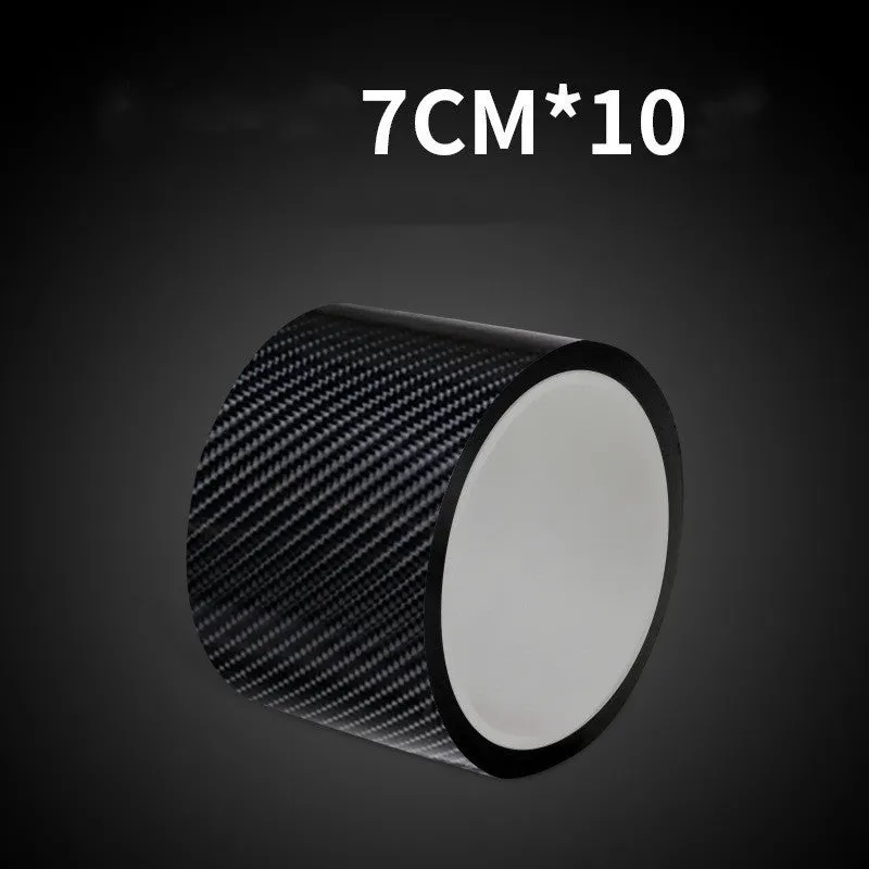 Set of car door anti-collision strips in carbon fiber black pattern on a gray surface, showing 30mm 50mm 70mm widths