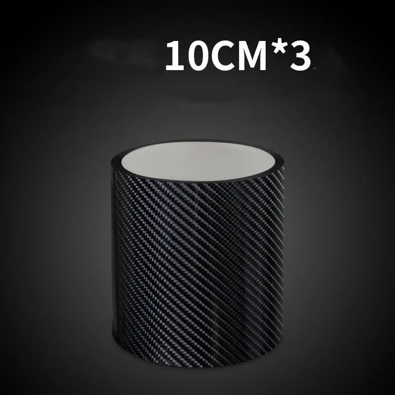 Set of car door anti-collision strips in carbon fiber black pattern on a gray surface, showing 30mm 50mm 70mm widths