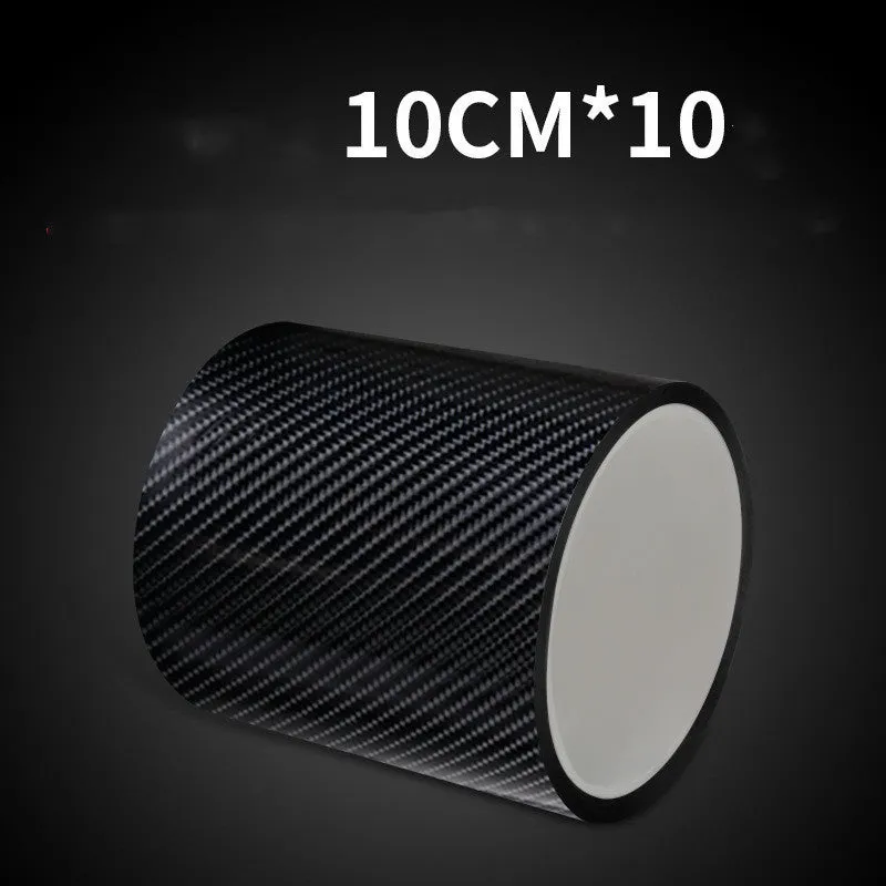 Set of car door anti-collision strips in carbon fiber black pattern on a gray surface, showing 30mm 50mm 70mm widths