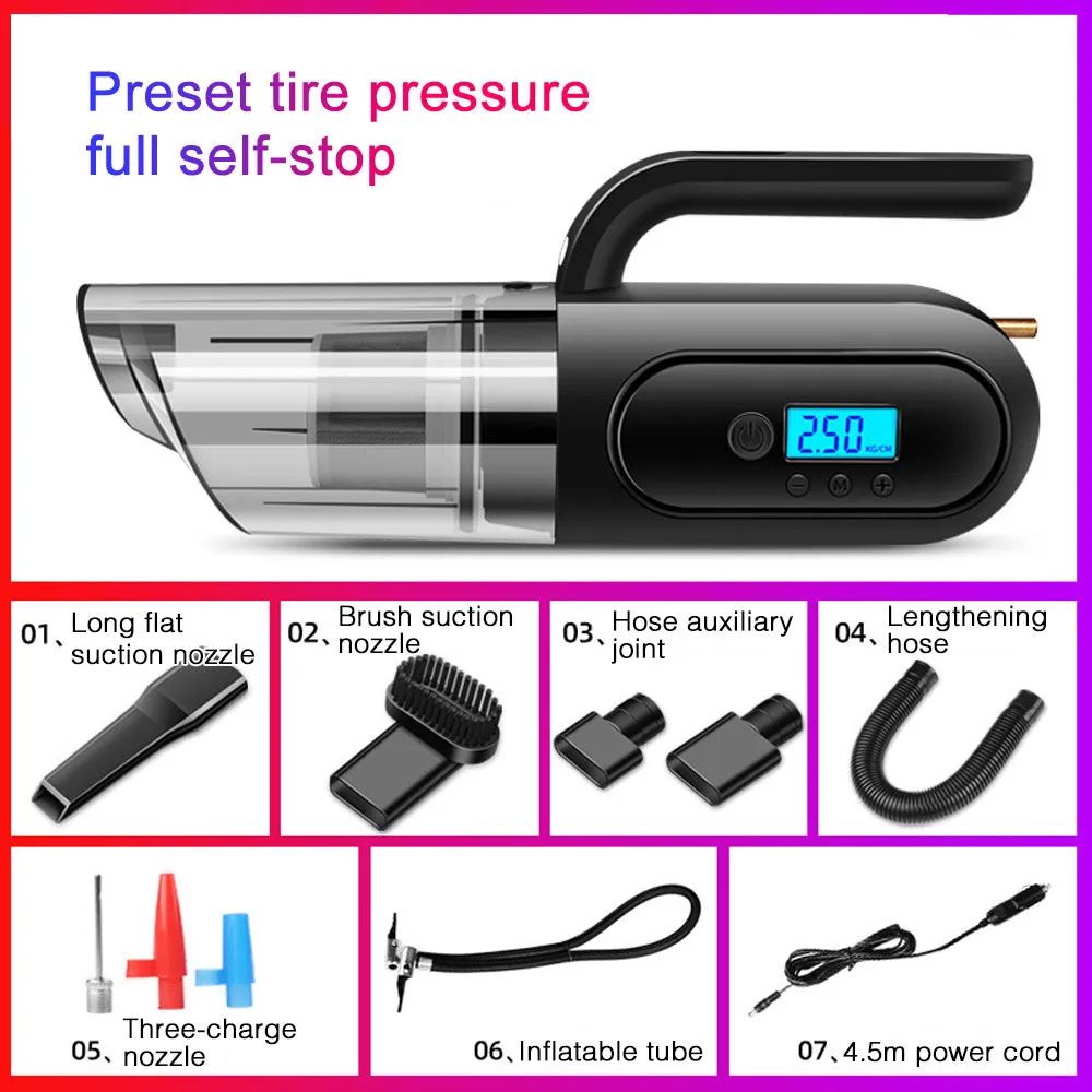 Multi-function 12V car vacuum cleaner with digital tire pressure display and inflation nozzle, ABS construction, Black and White colour options
