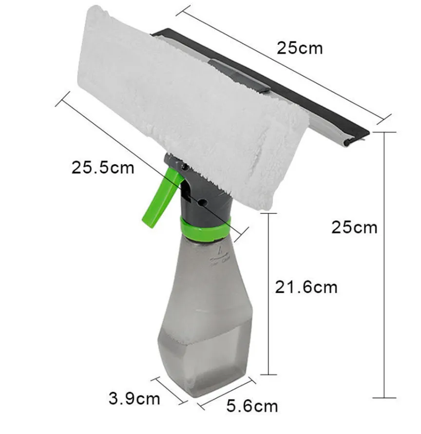 3-in-1 handheld car and window cleaning tool with spray bottle and silicone scraper, 25 cm length, plastic and super fibre materials