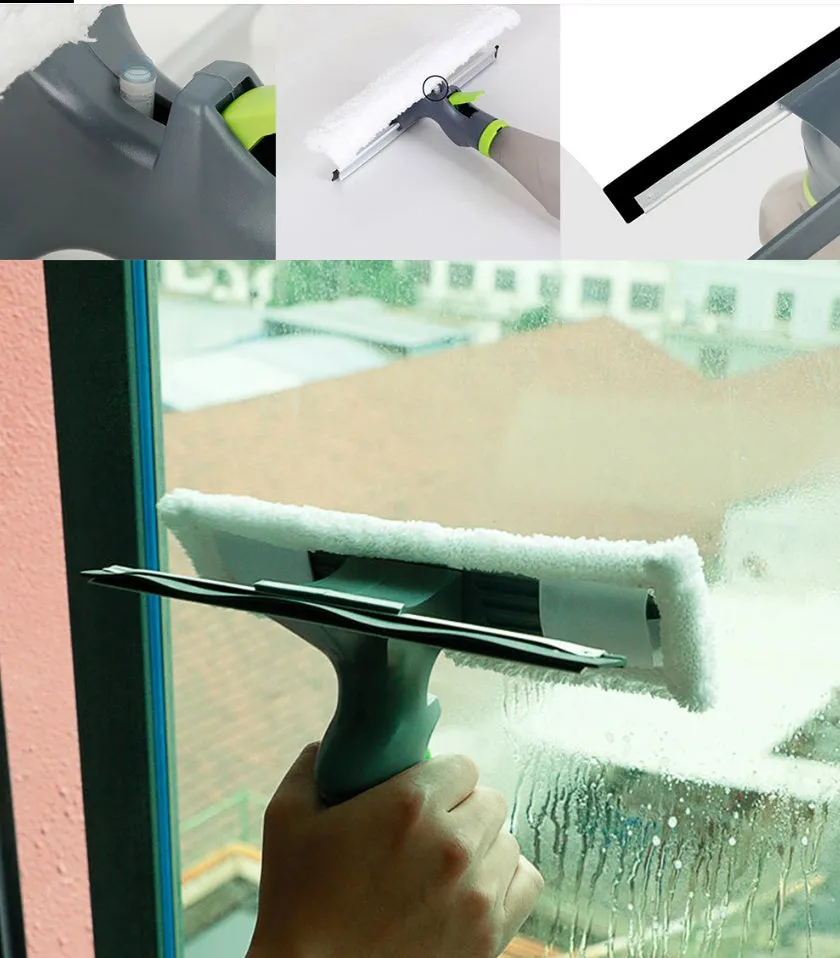 3-in-1 handheld car and window cleaning tool with spray bottle and silicone scraper, 25 cm length, plastic and super fibre materials