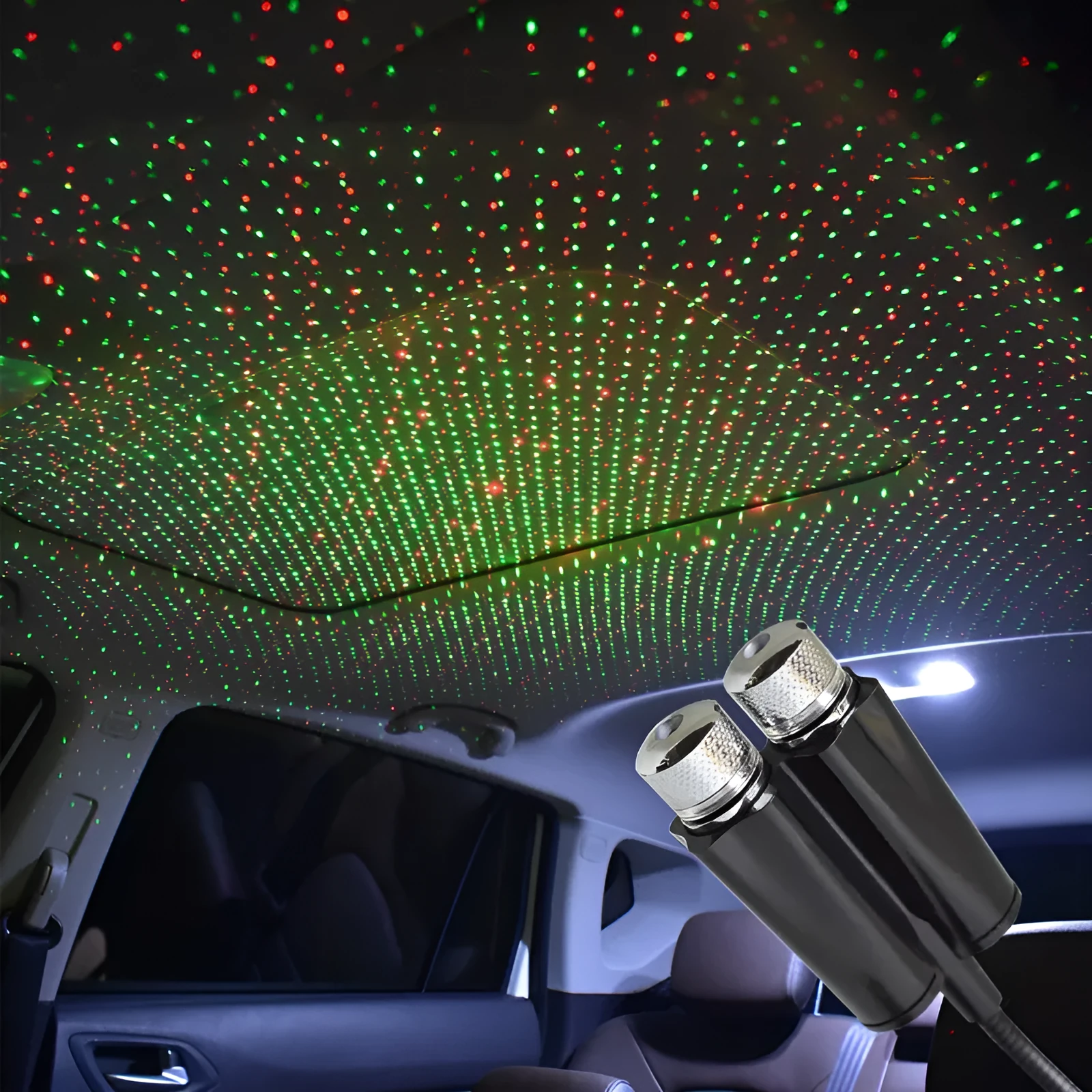 Car USB star sky ceiling light with red and blue light pattern on black car ceiling