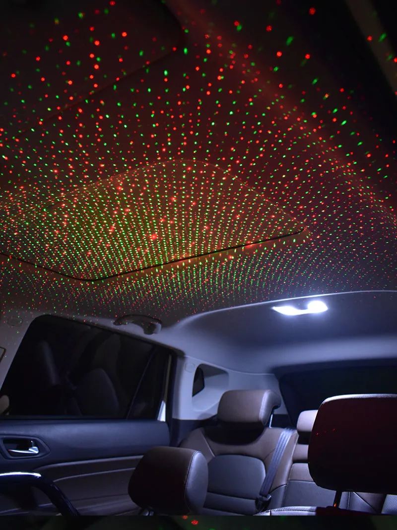 Car USB star sky ceiling light with red and blue light pattern on black car ceiling