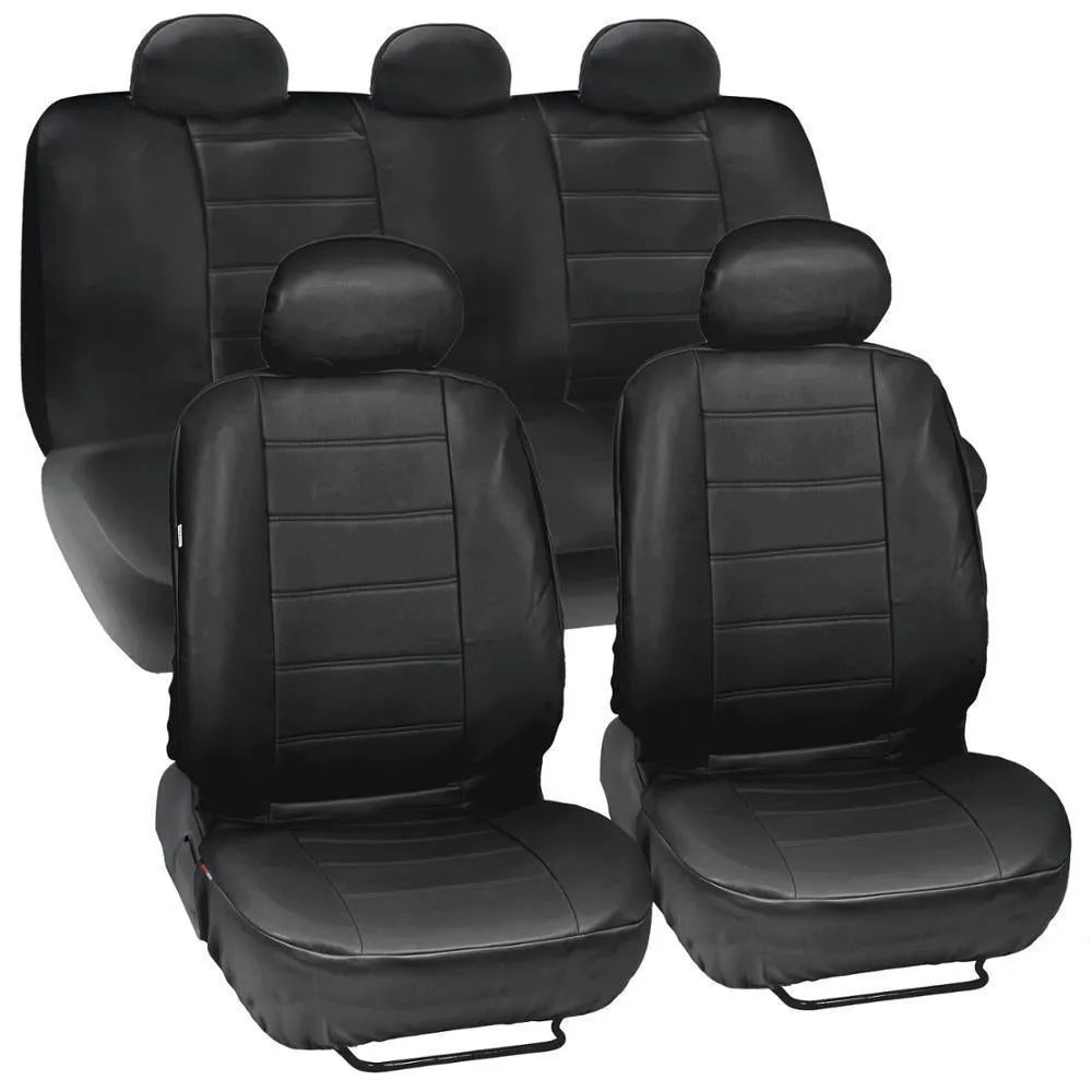 Car leather seat cover set 9-piece with installation hooks and English manual on vehicle seat