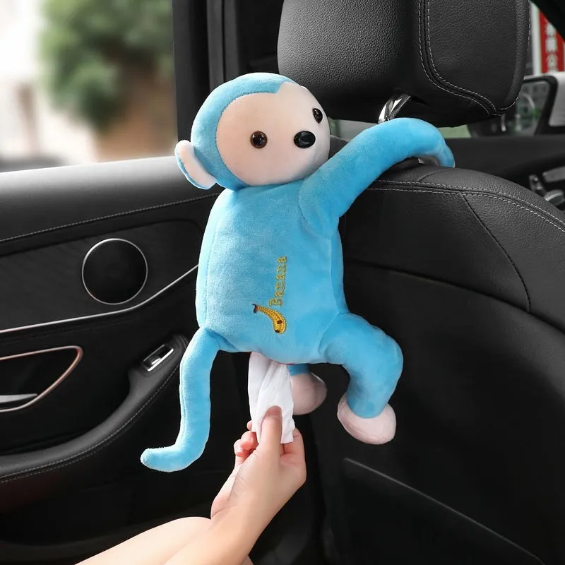 Pipi monkey hanging tissue box in bean paste brown with soft plush fabric and PP cotton filling, 52cm total length, wall-mounted