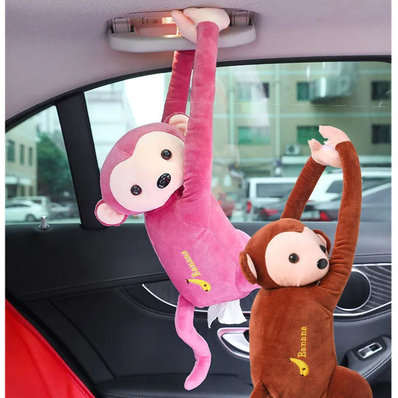 Pipi monkey hanging tissue box in bean paste brown with soft plush fabric and PP cotton filling, 52cm total length, wall-mounted