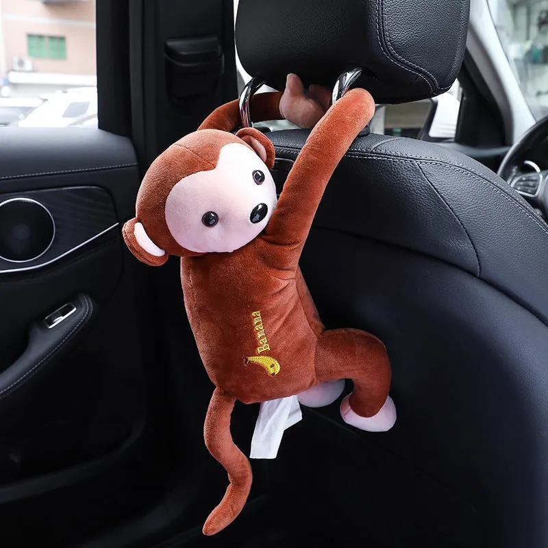 Pipi monkey hanging tissue box in bean paste brown with soft plush fabric and PP cotton filling, 52cm total length, wall-mounted