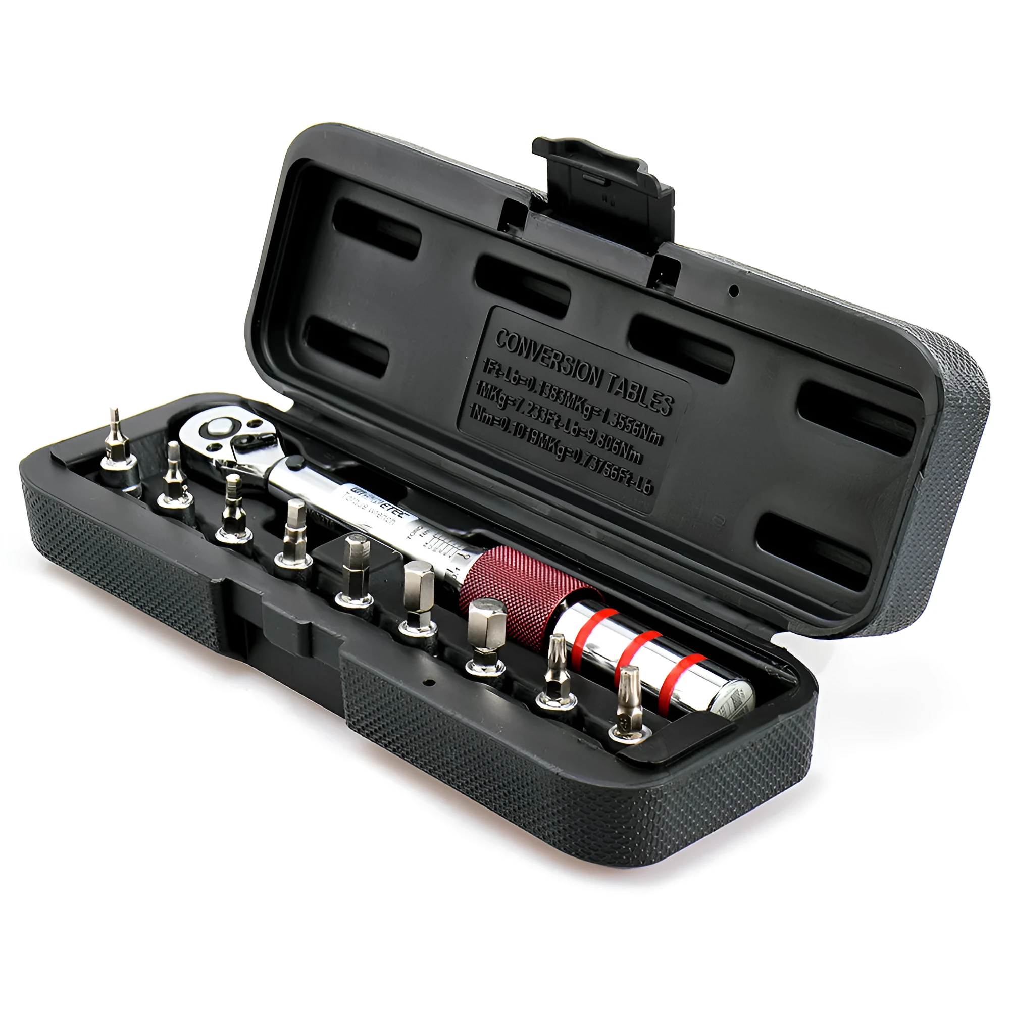Metric torque wrench set with steel handle, 1/4 inch square drive head, and embossed scale