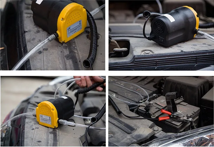 12V electric self-priming diesel oil pump in yellow engineering plastic with hoses and battery clips
