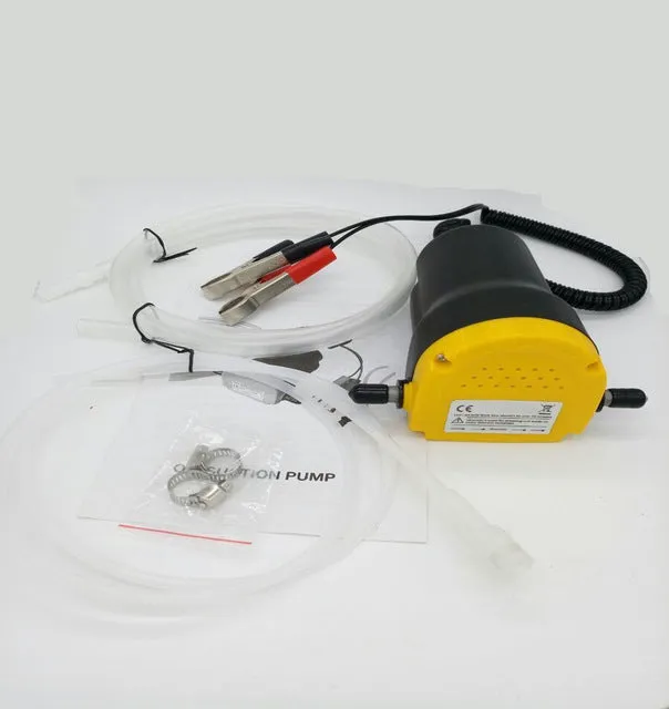 12V electric self-priming diesel oil pump in yellow engineering plastic with hoses and battery clips