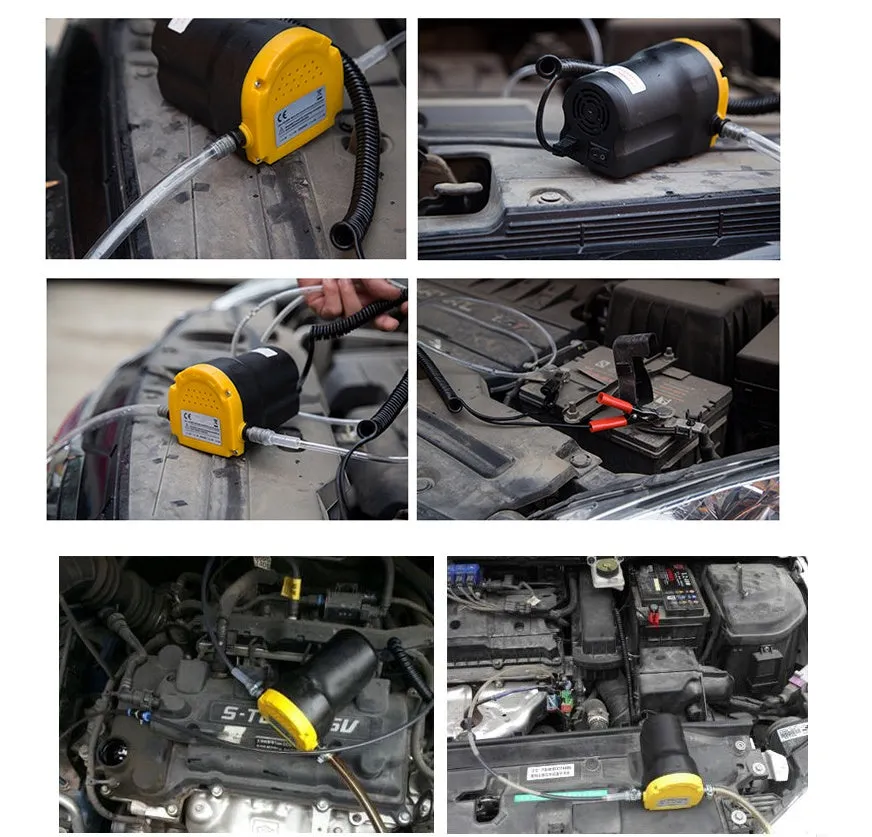 12V electric self-priming diesel oil pump in yellow engineering plastic with hoses and battery clips