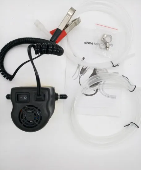 12V electric self-priming diesel oil pump in yellow engineering plastic with hoses and battery clips