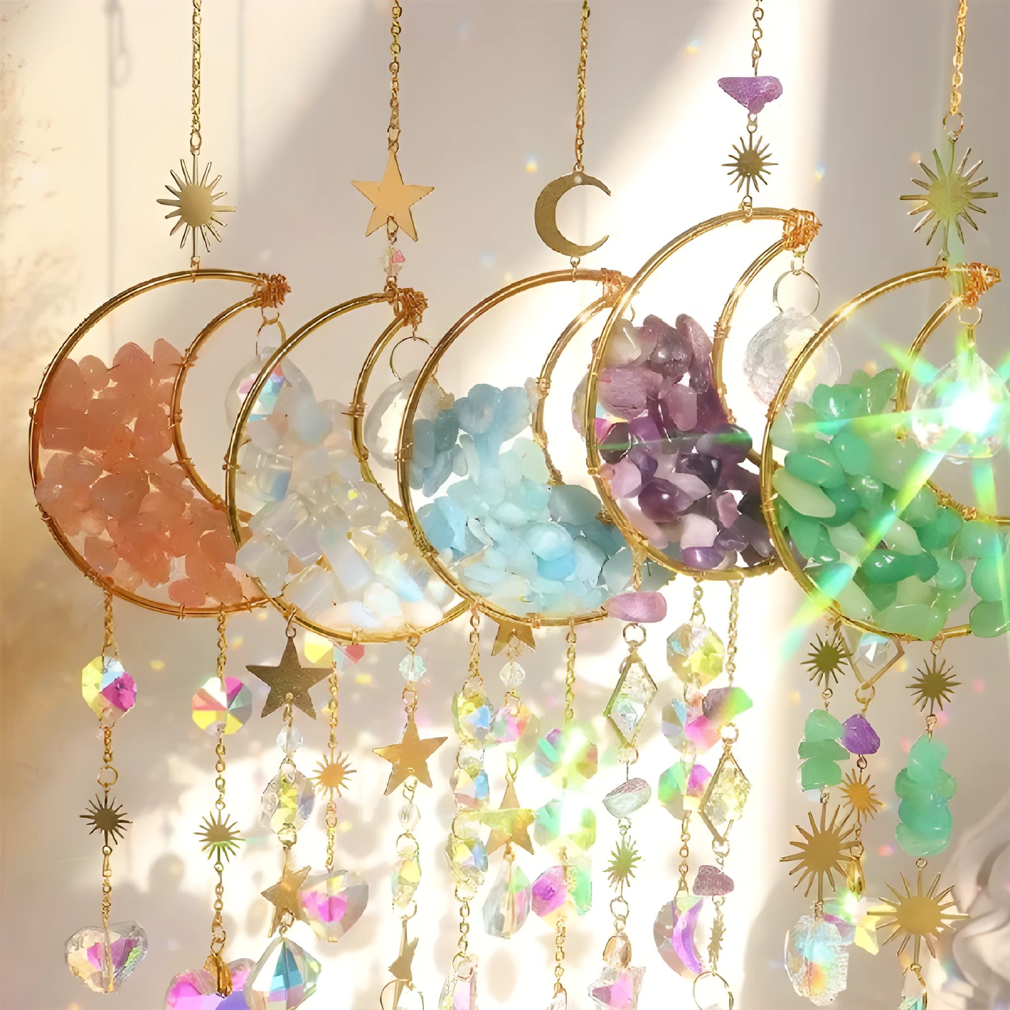 K9 crystal moon-shaped car pendant on a long metal chain, shown in blue colour option.