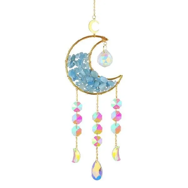 K9 crystal moon-shaped car pendant on a long metal chain, shown in blue colour option.