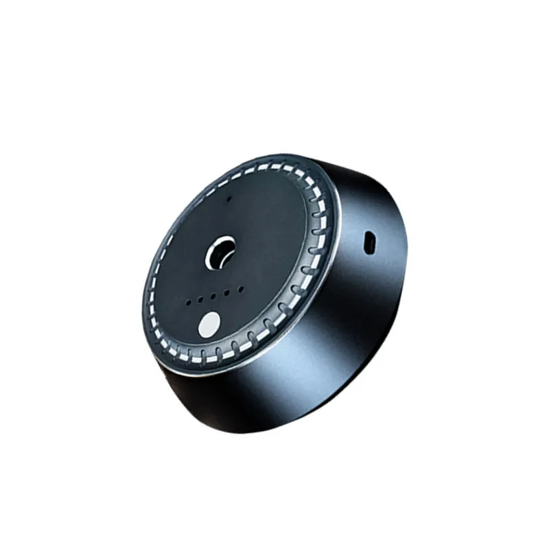 Black metal USB rechargeable car aroma diffuser showing compact size and design