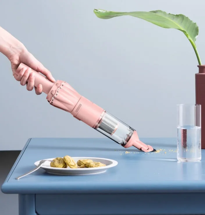 Pink wireless desktop vacuum cleaner with flat nozzle and brush, H13 HEPA filter, 13,000Pa suction