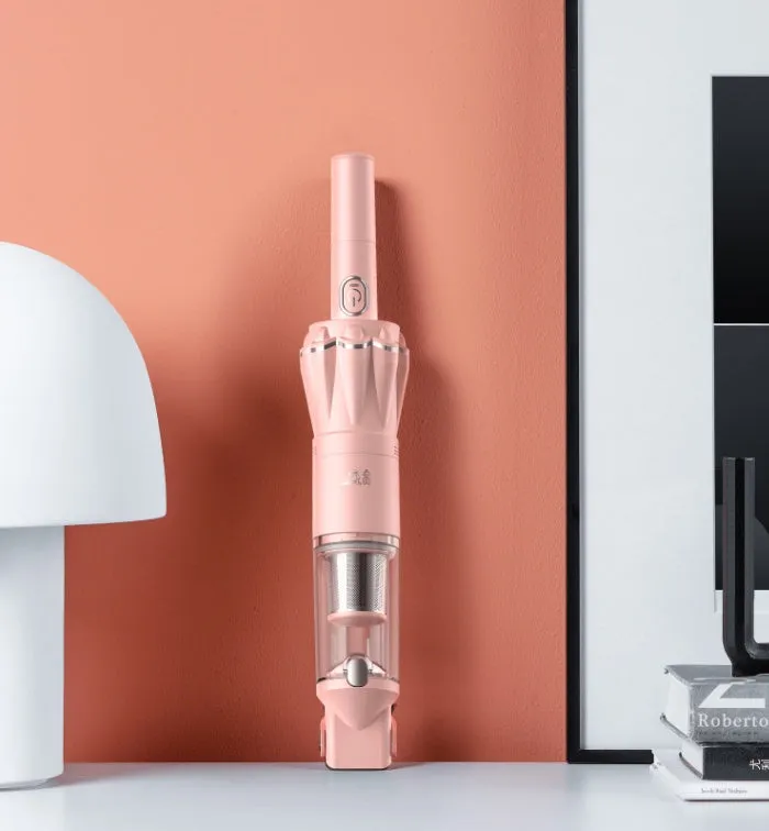 Pink wireless desktop vacuum cleaner with flat nozzle and brush, H13 HEPA filter, 13,000Pa suction