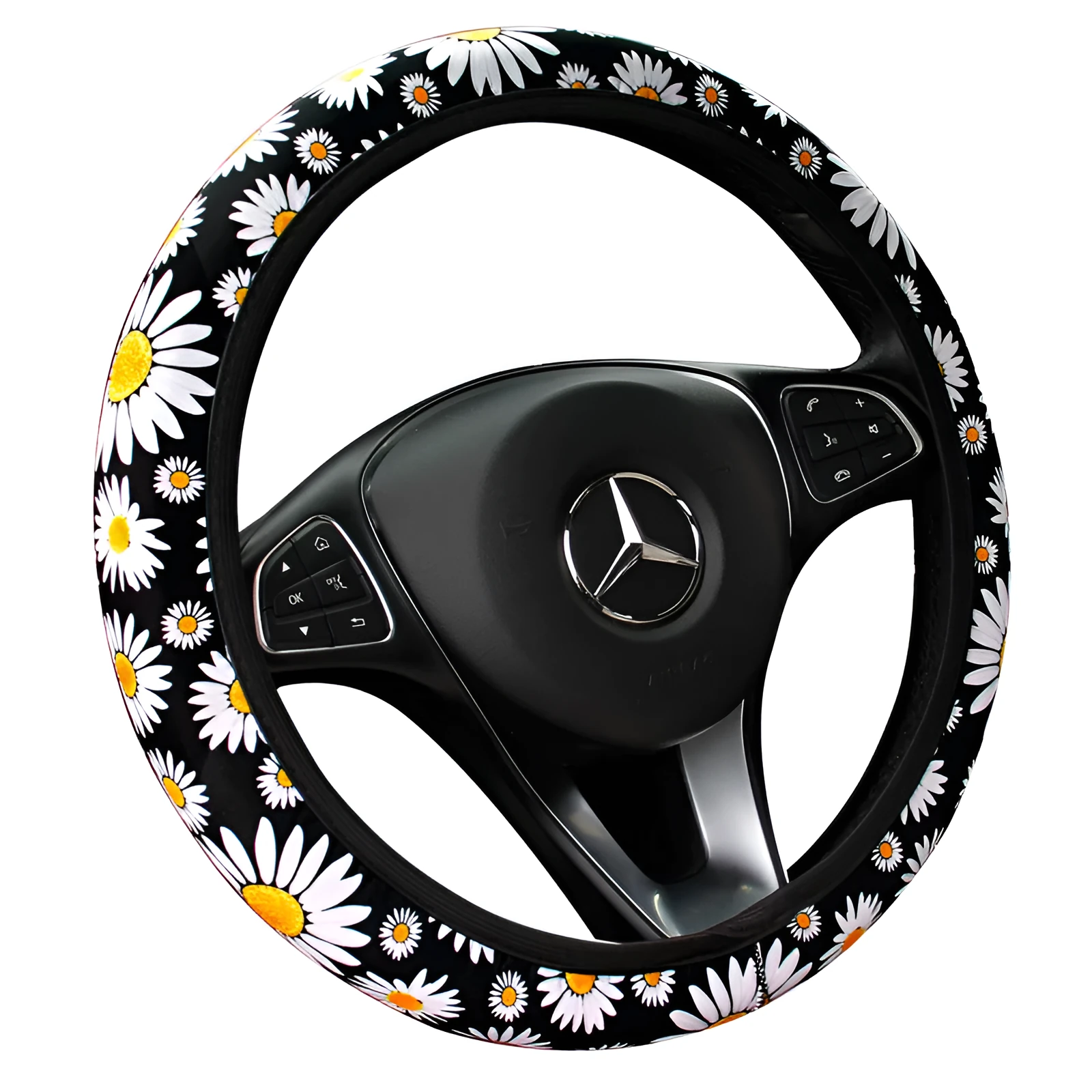 Black daisy linen steering wheel cover for 38cm wheel, without inner ring, universal car accessory