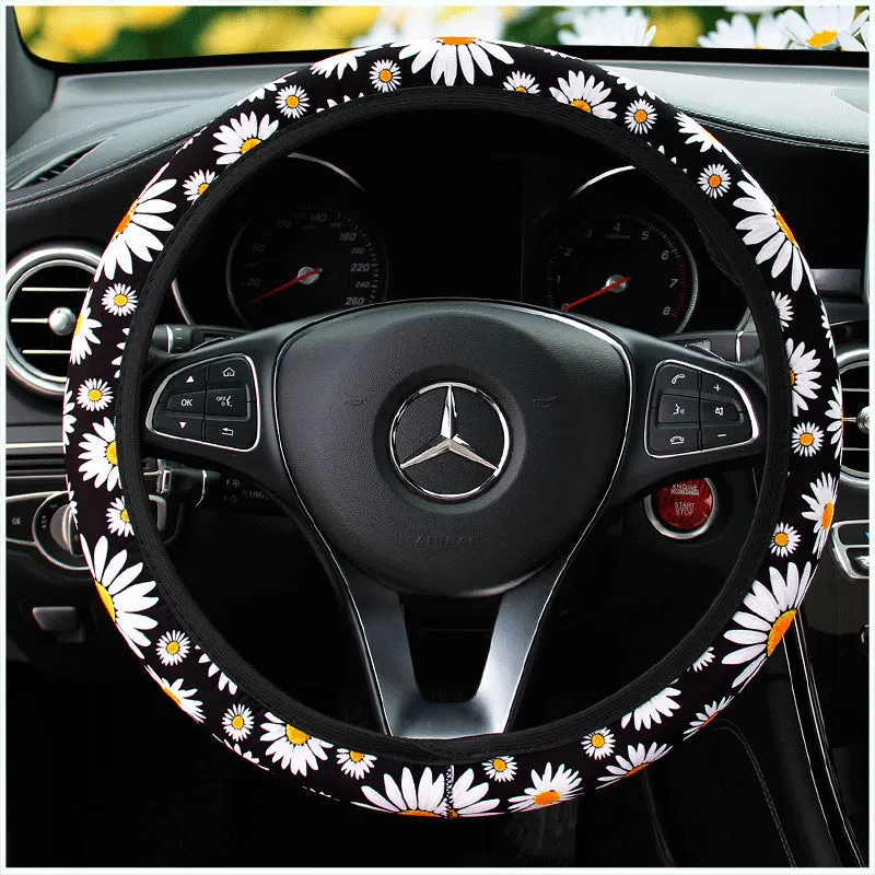 Black daisy linen steering wheel cover for 38cm wheel, without inner ring, universal car accessory