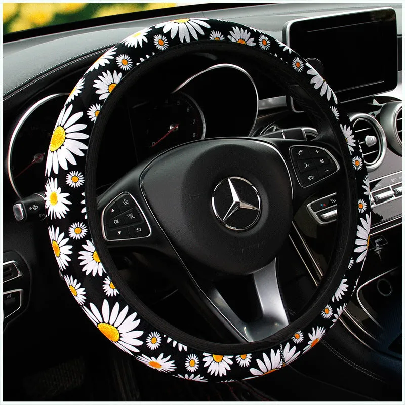 Black daisy linen steering wheel cover for 38cm wheel, without inner ring, universal car accessory