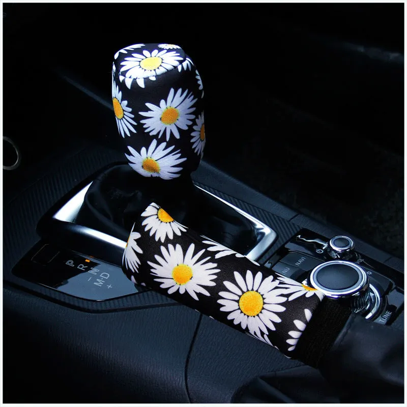 Black daisy linen steering wheel cover for 38cm wheel, without inner ring, universal car accessory
