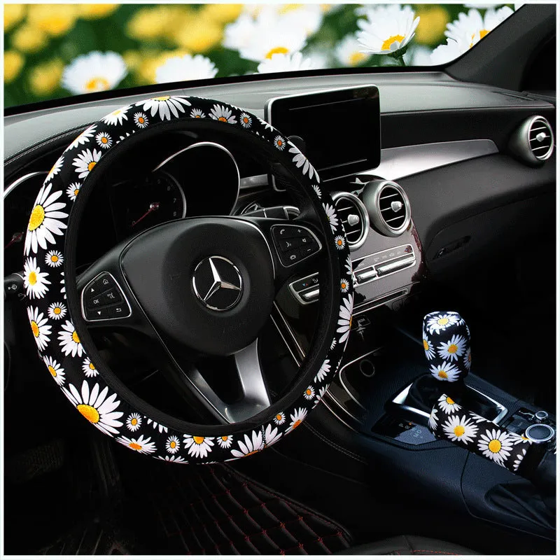 Black daisy linen steering wheel cover for 38cm wheel, without inner ring, universal car accessory