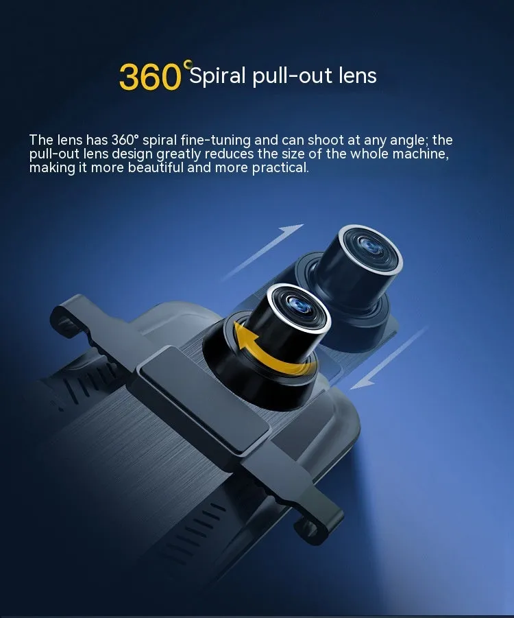 Black 10-inch touch screen driving recorder mounted as rearview mirror with wide angle lens