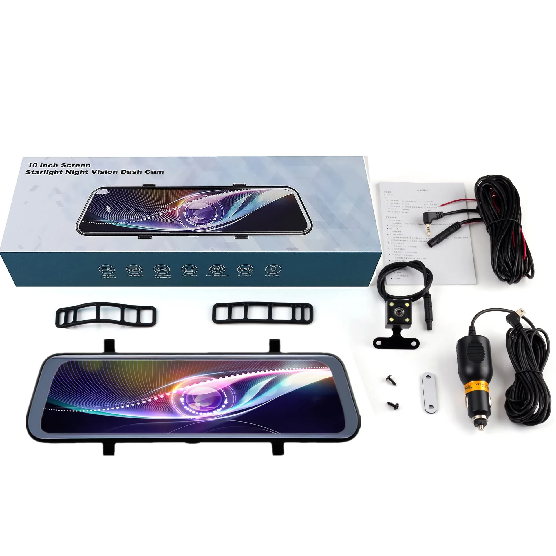 Black 10-inch touch screen driving recorder mounted as rearview mirror with wide angle lens