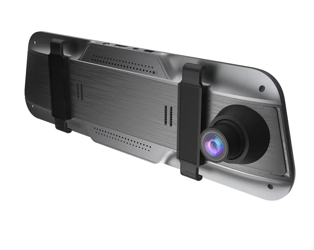 Black 10-inch touch screen driving recorder mounted as rearview mirror with wide angle lens