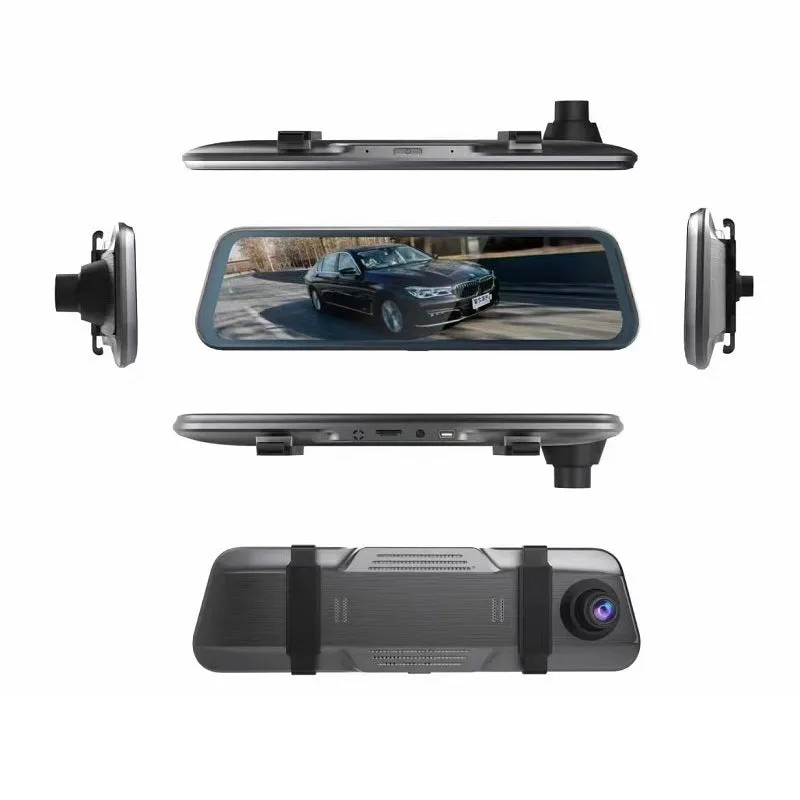 Black 10-inch touch screen driving recorder mounted as rearview mirror with wide angle lens