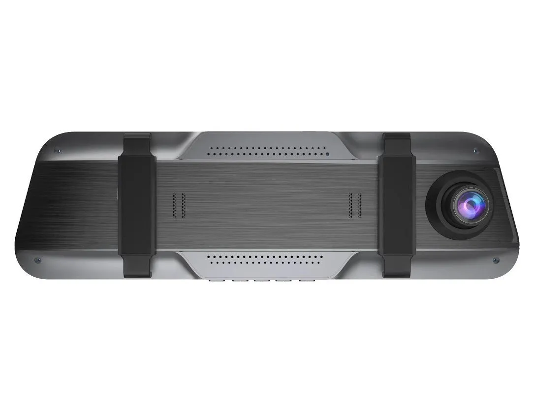 Black 10-inch touch screen driving recorder mounted as rearview mirror with wide angle lens
