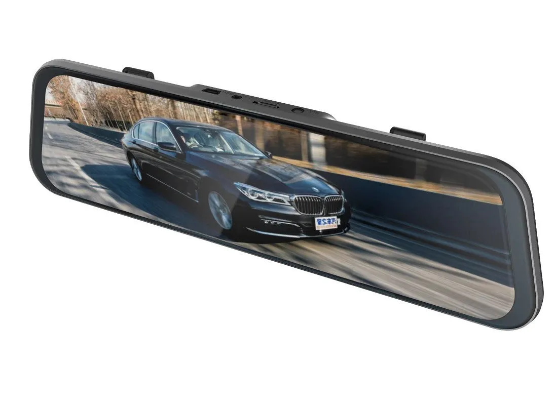Black 10-inch touch screen driving recorder mounted as rearview mirror with wide angle lens