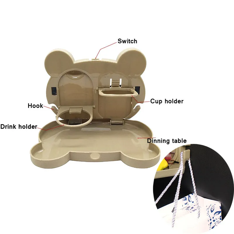 Child car seat table tray in white PP with side hooks, 20 by 23.5 cm, for drinks and snacks
