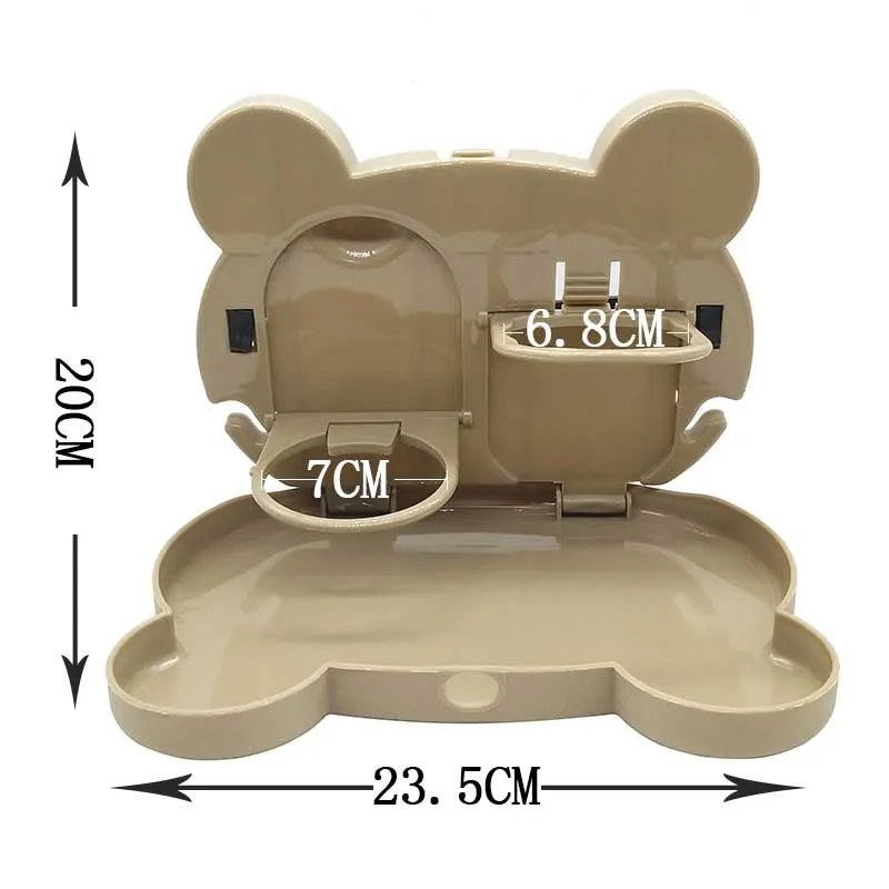 Child car seat table tray in white PP with side hooks, 20 by 23.5 cm, for drinks and snacks