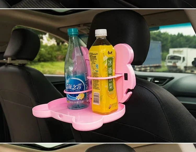 Child car seat table tray in white PP with side hooks, 20 by 23.5 cm, for drinks and snacks