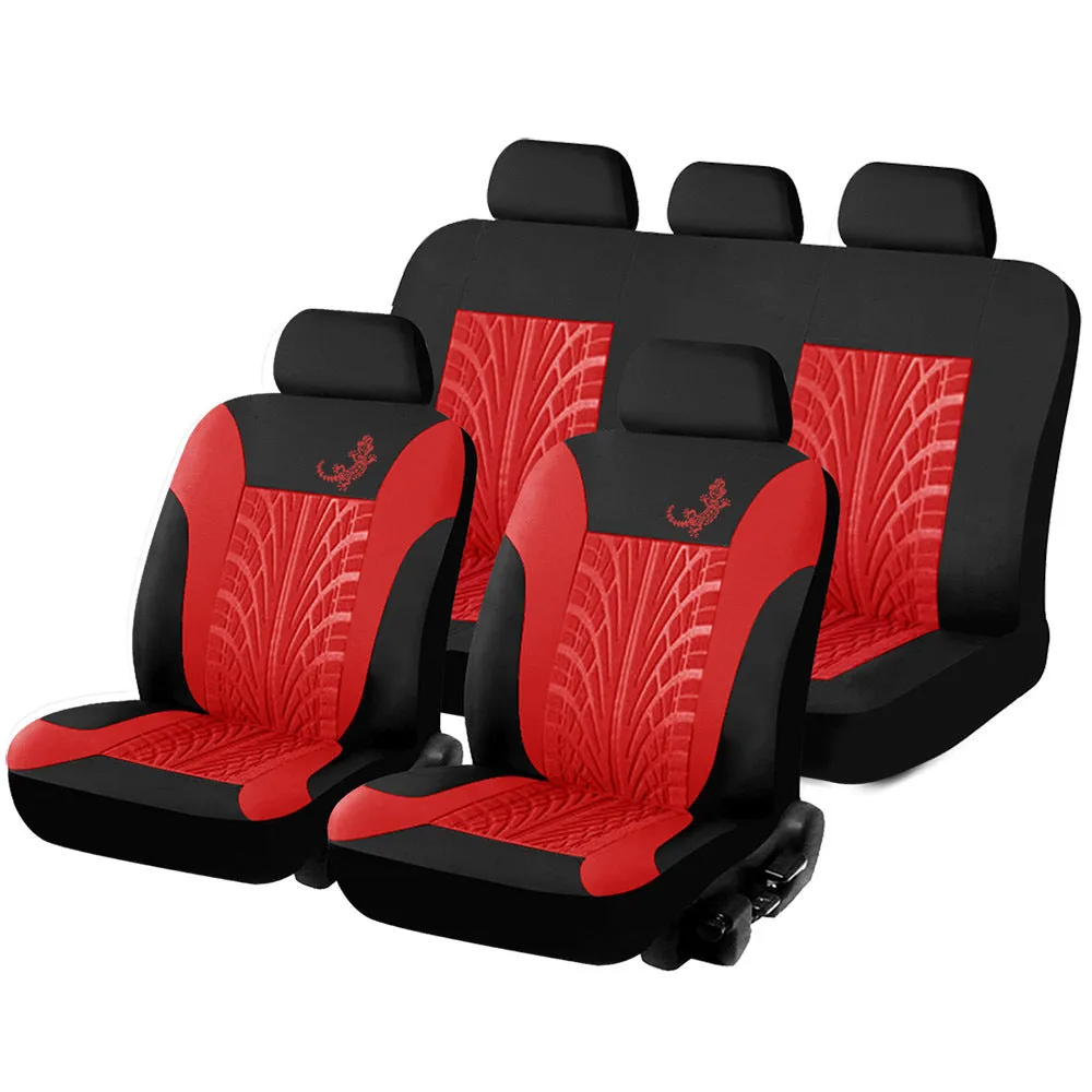 Red gecko mesh cloth universal car seat cover 9-piece set for 5-seater vehicles with iron hooks