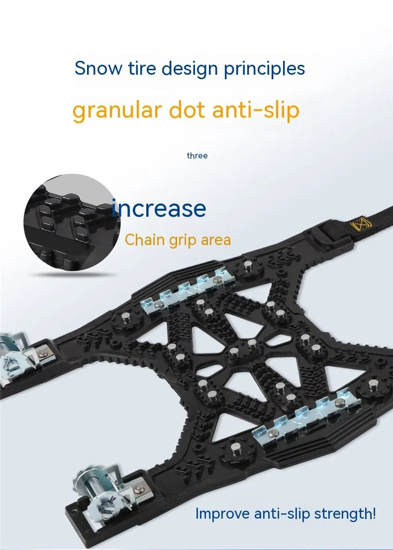 Universal car and SUV snow chains with steel gear links in black or yellow plastic casing with fitting tools