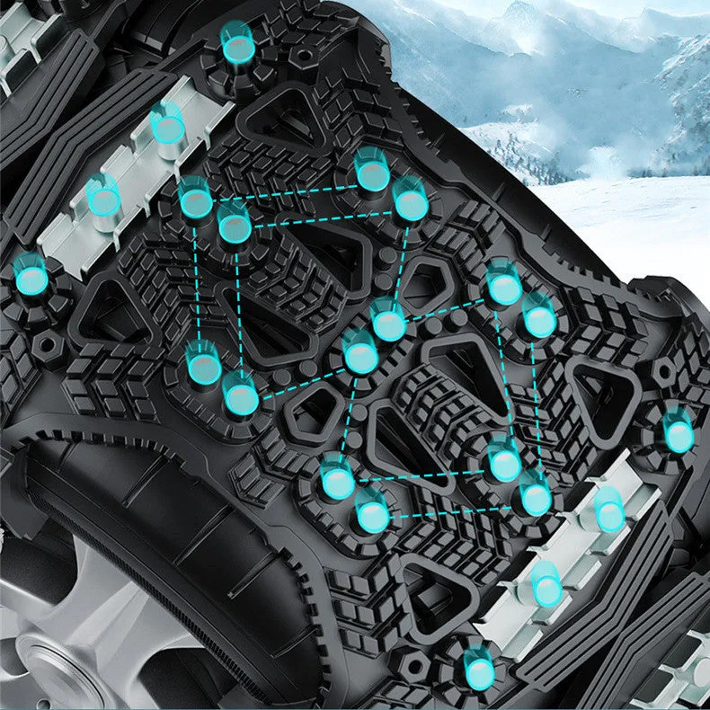 Universal car and SUV snow chains with steel gear links in black or yellow plastic casing with fitting tools