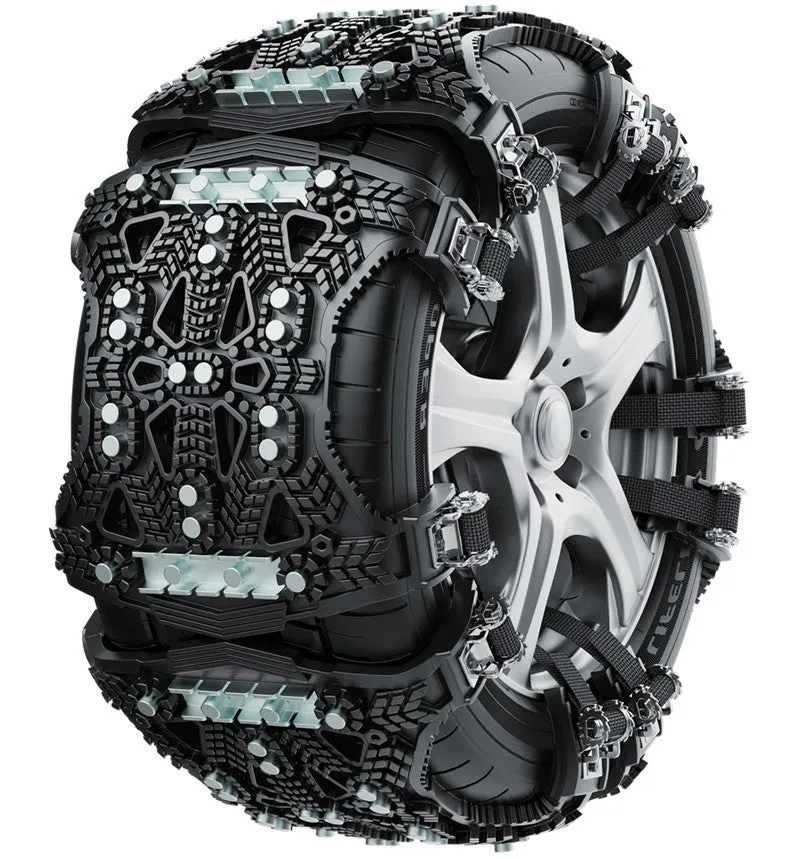 Universal car and SUV snow chains with steel gear links in black or yellow plastic casing with fitting tools