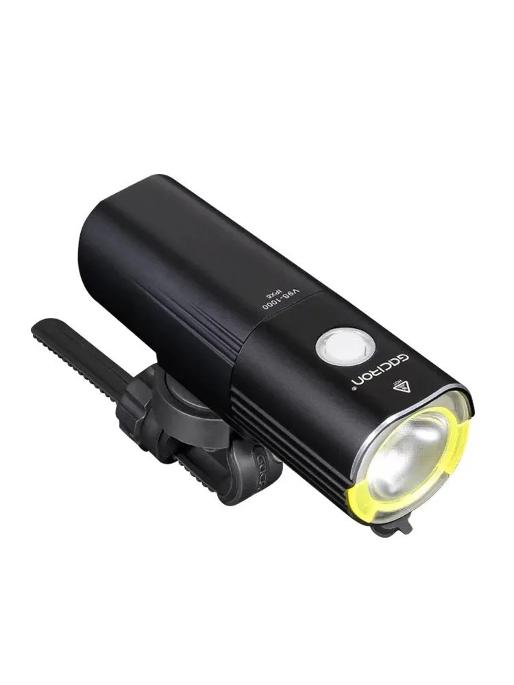 Waterproof bicycle headlight 1600 lumens CREE XML2 with power bank, black, mounted on handlebar
